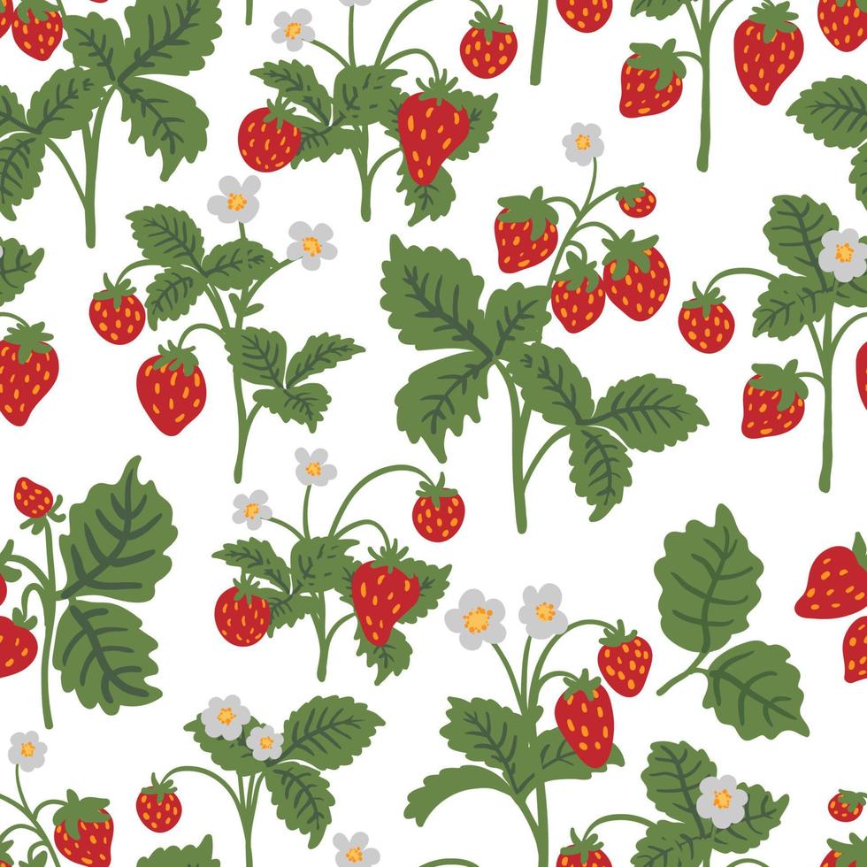 wilde aardbeien bush vector naadloze patroon. zomer bosbes handgetekende textuur voor behang, textiel, inpakpapier, stof, verpakking, wenskaarten. schattig fruit platte cartoon achtergrond.