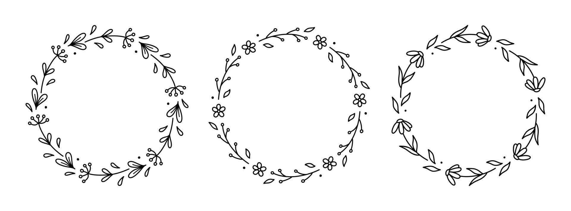 set van lente bloemenkransen geïsoleerd op een witte achtergrond. ronde frames met bloemen. vector handgetekende illustratie in doodle stijl. perfect voor kaarten, uitnodigingen, decoraties, logo, verschillende ontwerpen