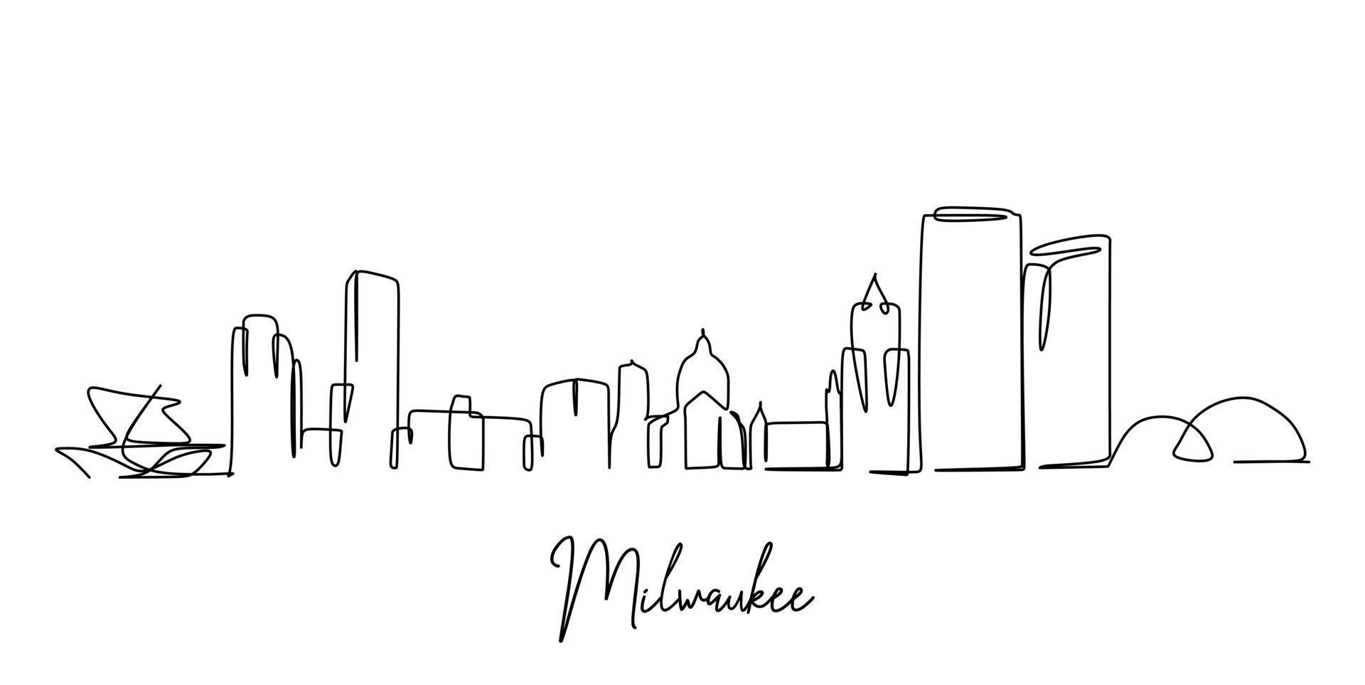 één enkele lijntekening van de stadshorizon van Milwaukee, de V.S. historisch stadslandschap. beste vakantiebestemming thuis muur decor poster print kunst. trendy doorlopende lijn tekenen ontwerp vectorillustratie vector