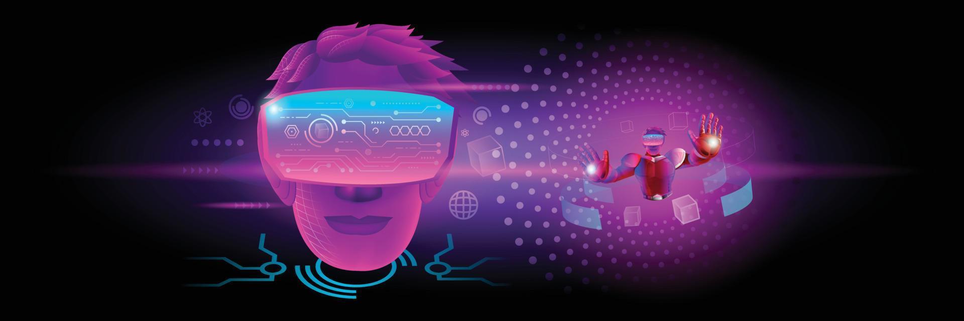 banner van metaverse technologie concept. het hoofd van een man gebruik een vr virtual reality-bril voor ervaringen van de metaverse virtuele wereld vector