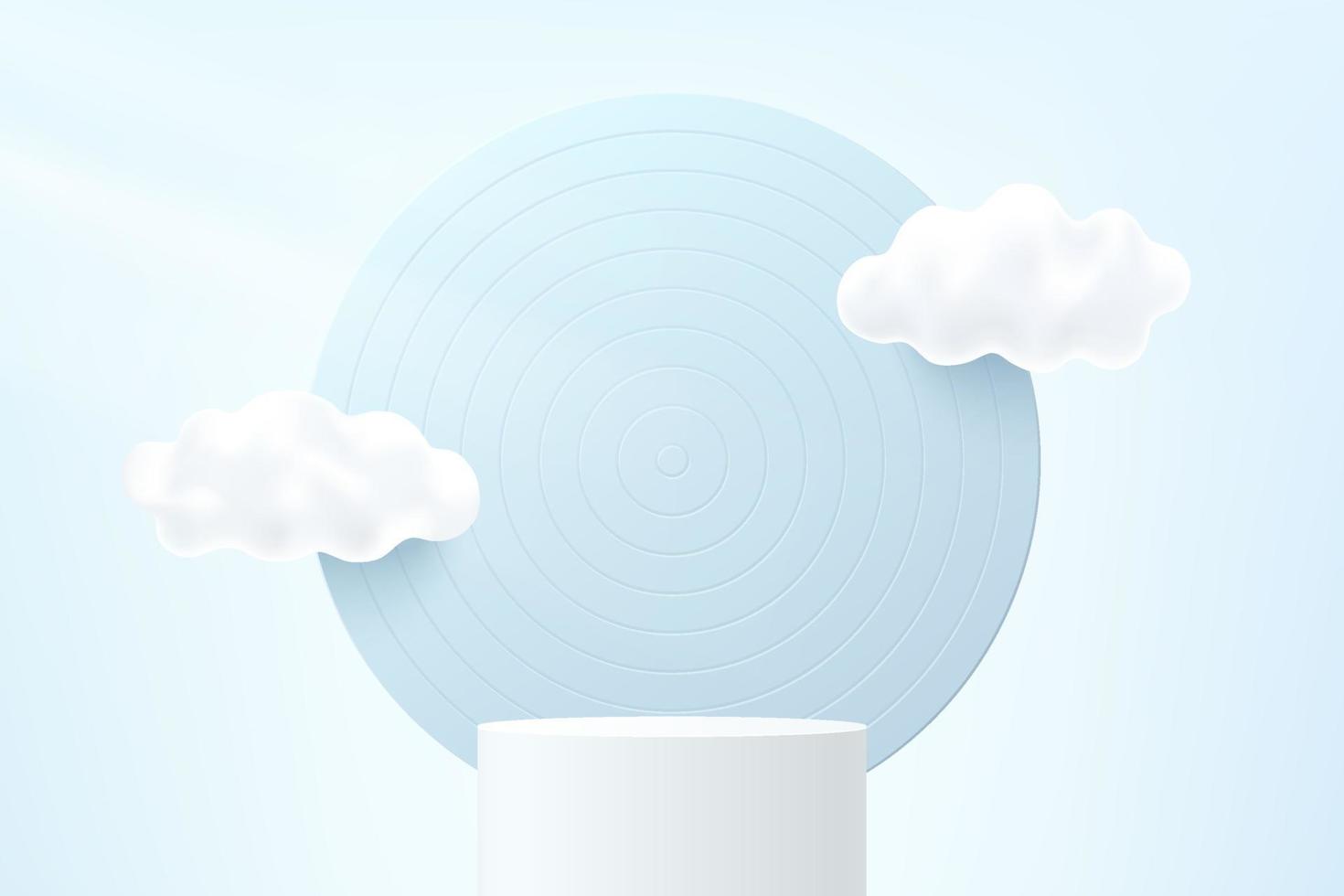 abstracte witte 3d cilinder sokkel of podium met cirkel achtergrond en witte wolken vliegen in de lucht. pastelblauwe minimale scène voor productpresentatie. vector geometrisch weergaveplatform