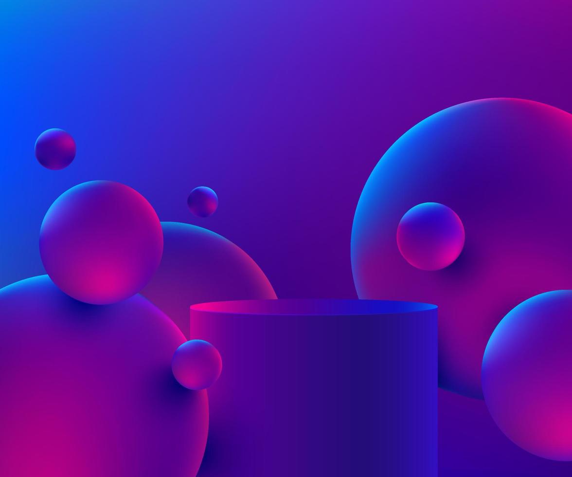 abstract donkerblauw en roze 3d cilindervoetstukpodium met bellen die op lucht vliegen. futuristische scène voor productpresentatie, promotiekoffer. vector rendering geometrische platform ontwerp.