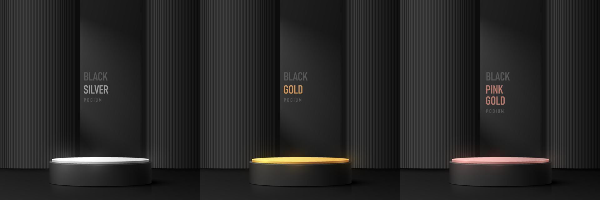 set van zilver, goud en roze goud realistisch 3d cilinder voetstuk met zwarte pilaar achtergrond. abstract vector rendering geometrische vormen. mock-up productweergave. luxe minimale scène. podium vitrine.