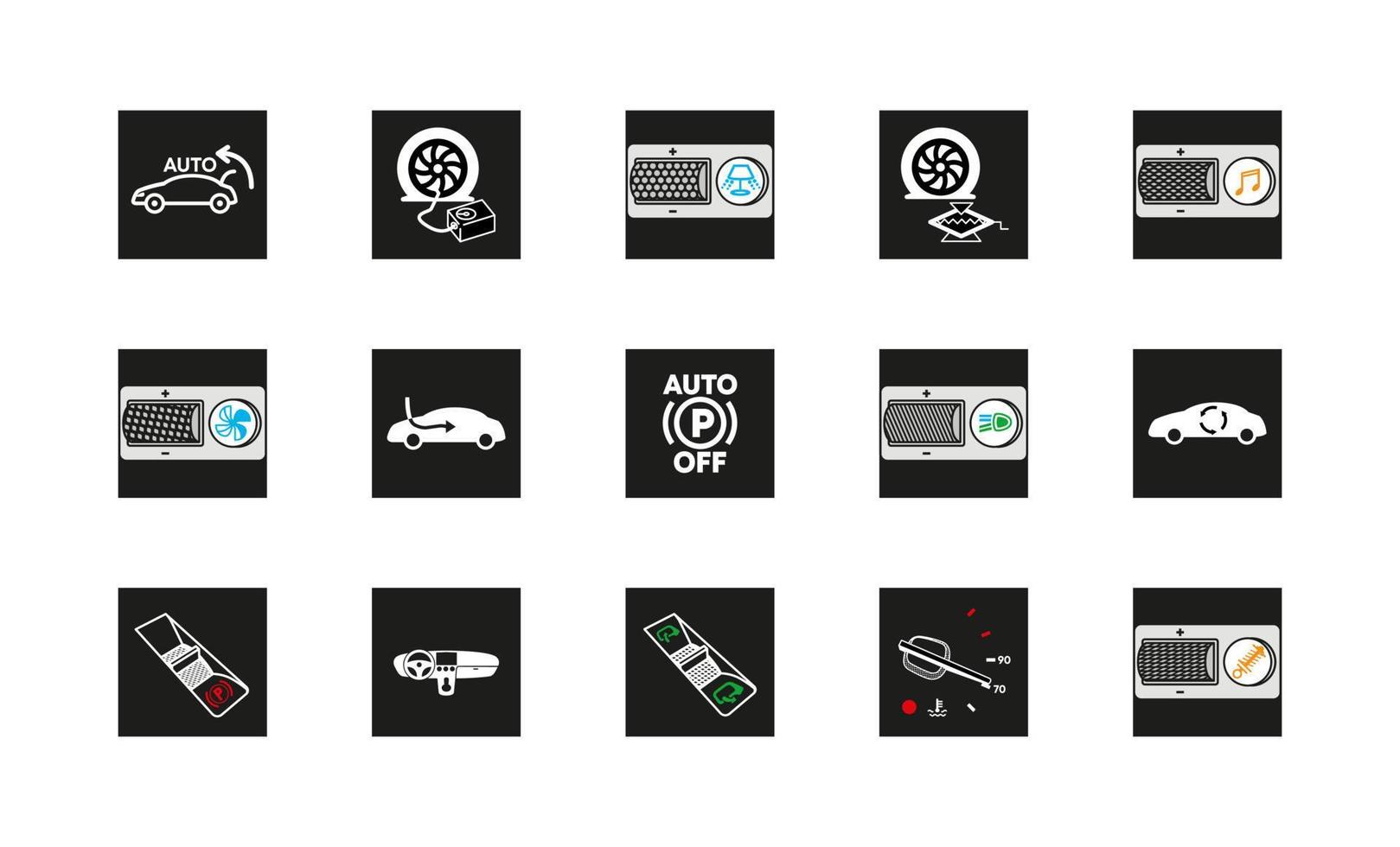 set van 15 grote pictogrammen met betrekking tot auto-achtige knop, indicator, bandenspanning enzovoort. moderne slimme voertuigpictogrammen. waarschuwingsborden voor auto's. lineaire originele logo. eenvoudig overzicht stijlpictogram teken. vector