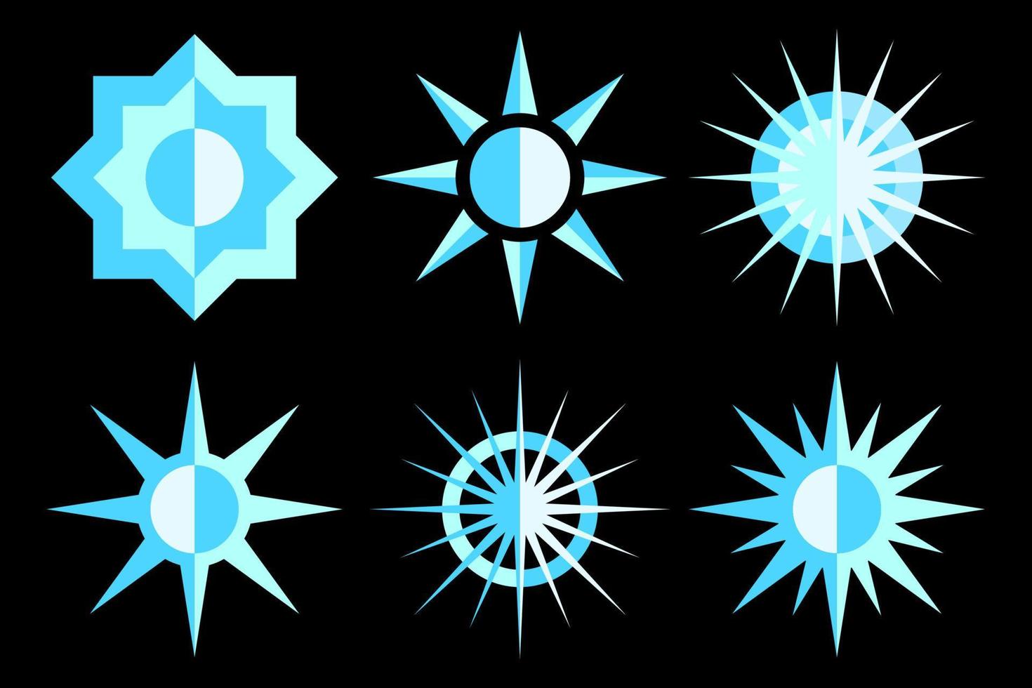 stel lichtblauwe sterren platte cartoonstijl geïsoleerde zwarte achtergrond in vector