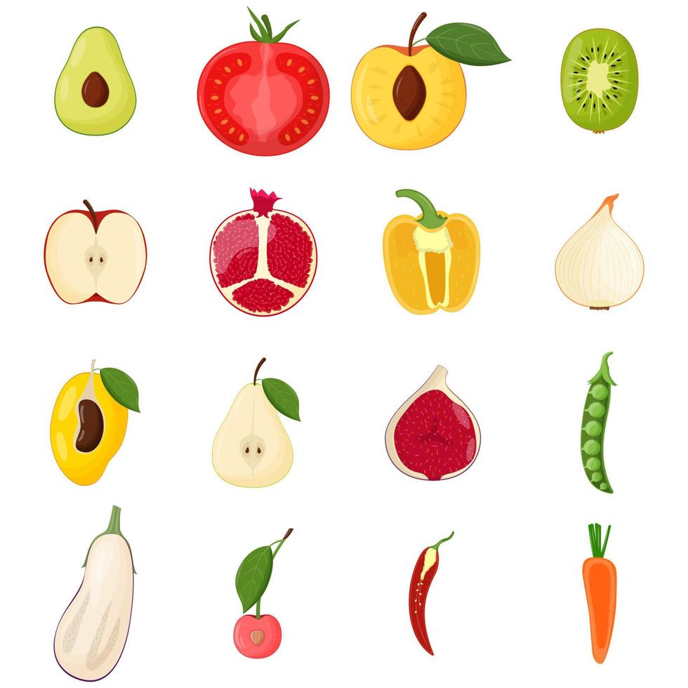 set van halve groenten en fruit. vegetarisch eten, gezond eetconcept. avocado, perzik, vijg, kers, kiwi, peer, peper tomaten platte vectorillustratie vector