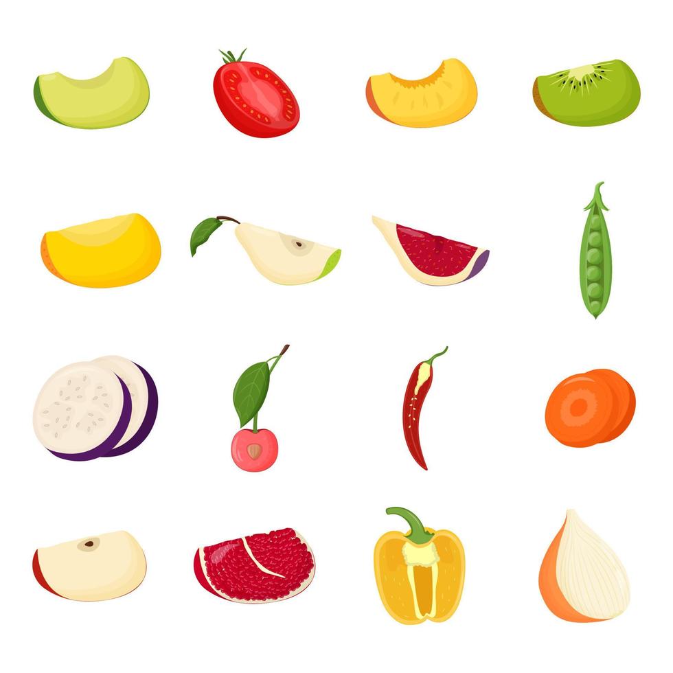 set van halve groenten en fruit plakjes. vegetarisch eten, gezond eetconcept. avocado, perzik, vijg, kers, kiwi, peer, peper tomaten platte vectorillustratie vector