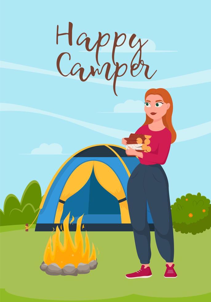 jonge vrouw draagt hout voor een vuur. zomer kamperen, wandelen, camper, avontuur tijd concept. platte vectorillustratie voor poster, banner, flyer vector