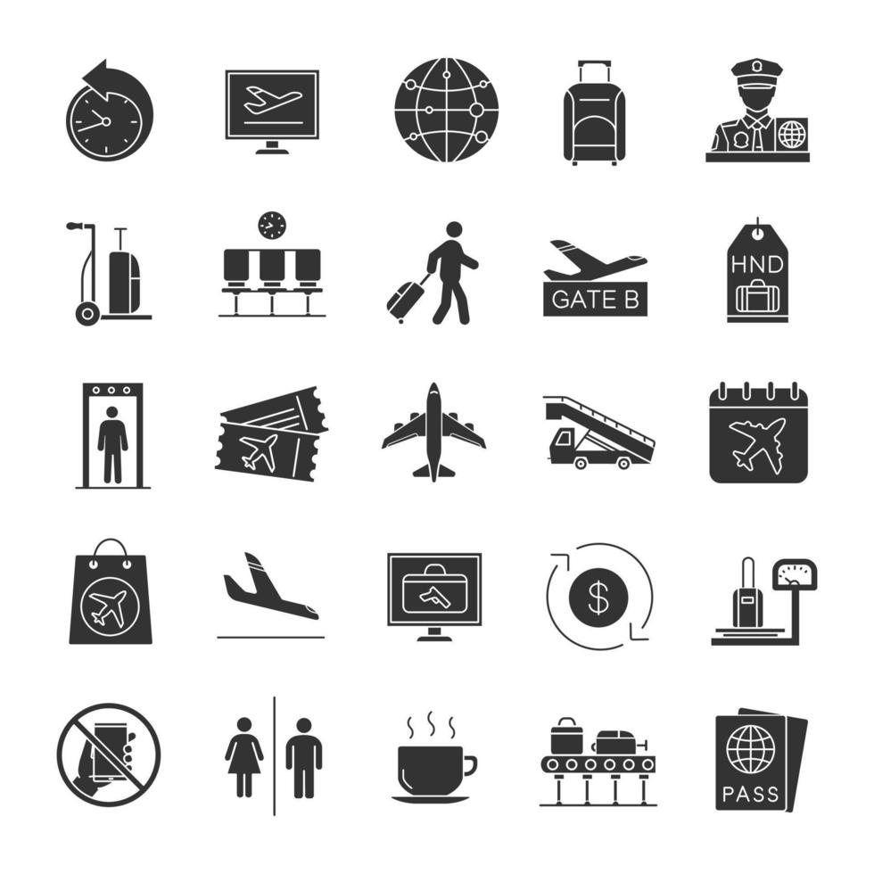 luchthaven service glyph pictogrammen instellen. paspoortcontrole, bagagecontrole, tickets, vluchtbeheer. silhouet symbolen. vector geïsoleerde illustratie