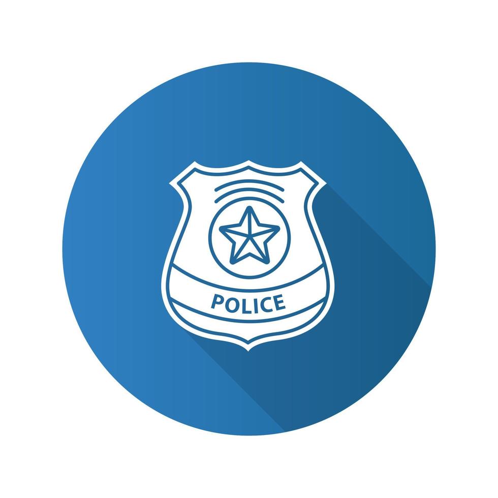 politie detective badge platte ontwerp lange schaduw glyph pictogram. handhaving aanbod. vector silhouet illustratie