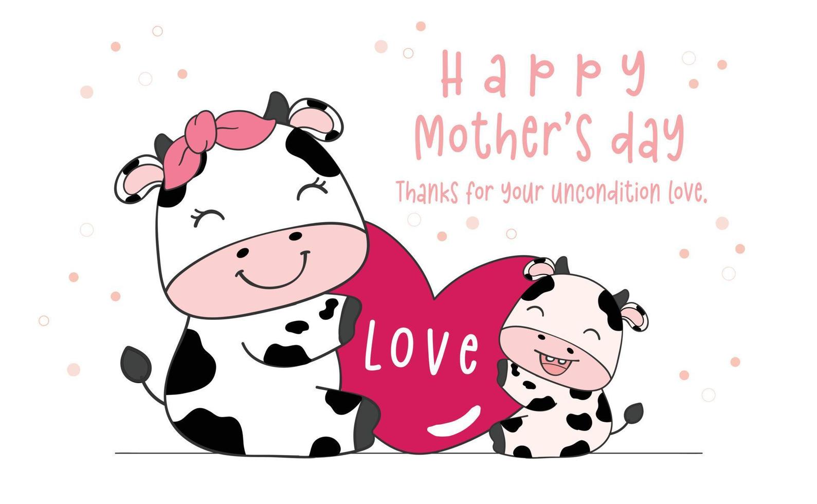 schattige moeder en kind knuffel liefde hart, gelukkige moederdag, vee boerderij dier cartoon karakter doodle tekening illustratie vector