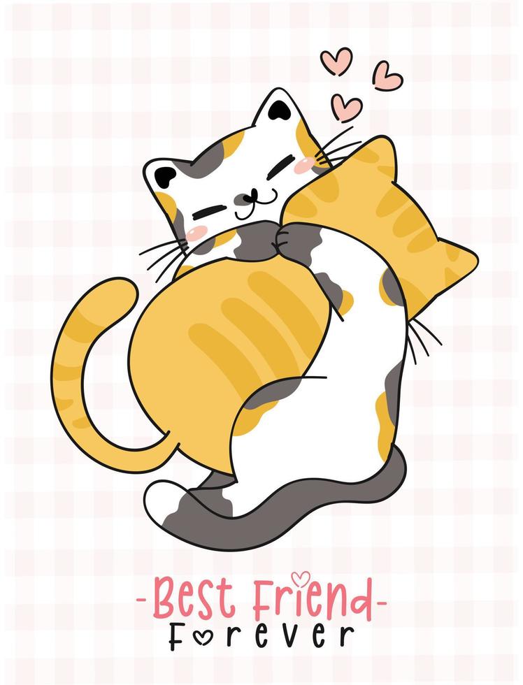 schattige vriendschap twee kitty kat knuffelen elkaar, beste vriend voor altijd, cartoon dier karakter tekening vector