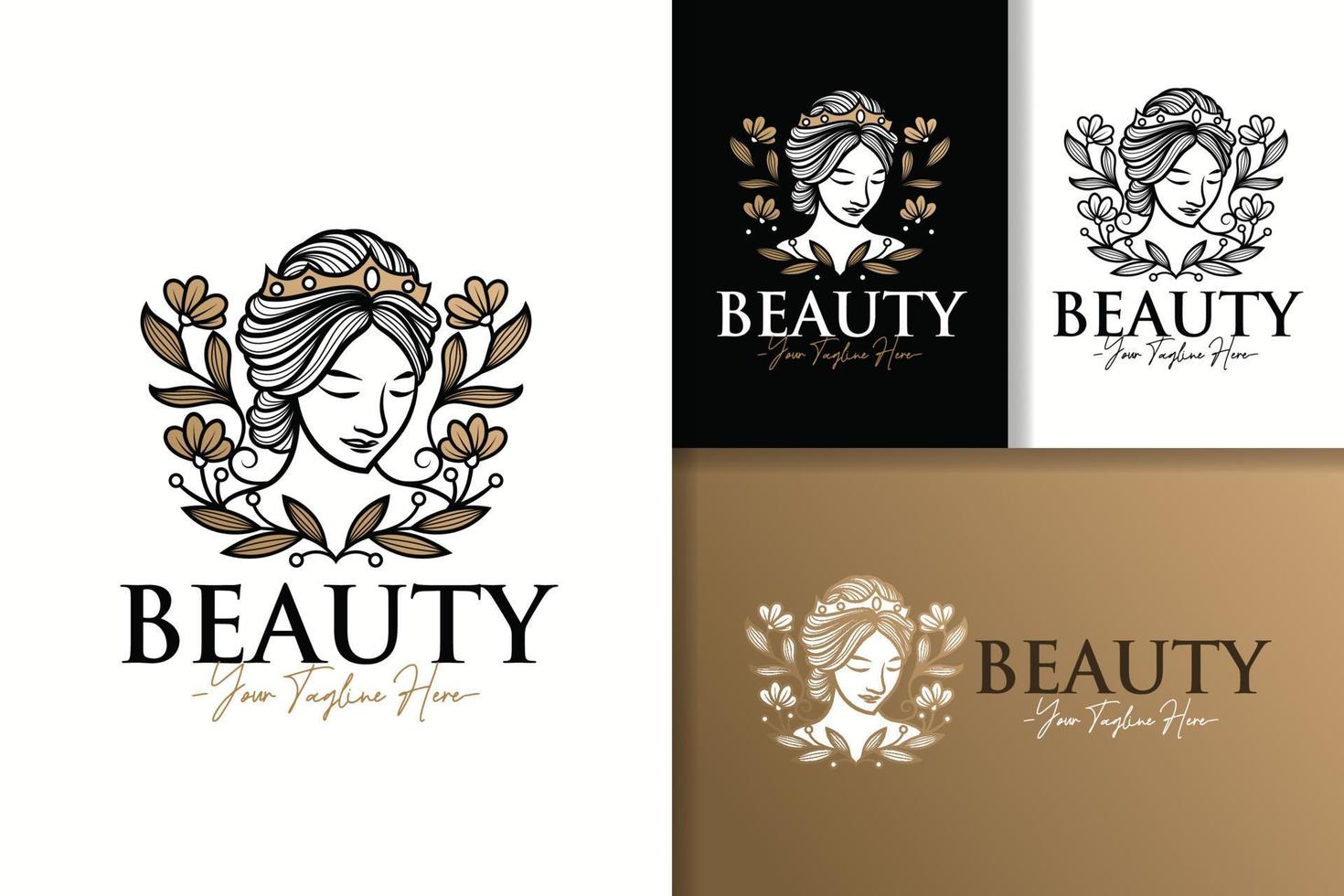 vrouw natuurlijke bloemen koningin vrouwelijke gouden schoonheid logo ontwerpsjabloon vector