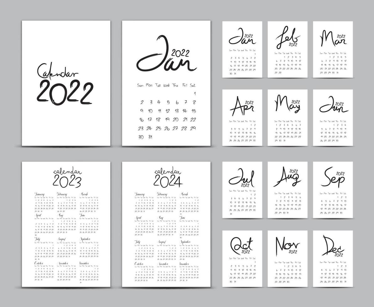 bureaukalender 2022 sjabloon set, kalender 2023-2024, belettering kalender, handgetekende vectorillustratie, zwart-witte kleur, set van 12 maanden, week begint zondag, briefpapier, omslagontwerp vector