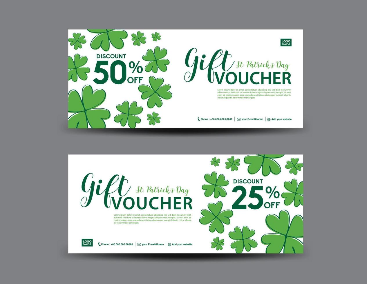 st. patrick's day-cadeaubonkaart, groene cadeaubonsjabloon, couponontwerp, certificaat, ticketsjabloon, kortingskaart, verkoopbannerontwerp, vectorillustratie vector