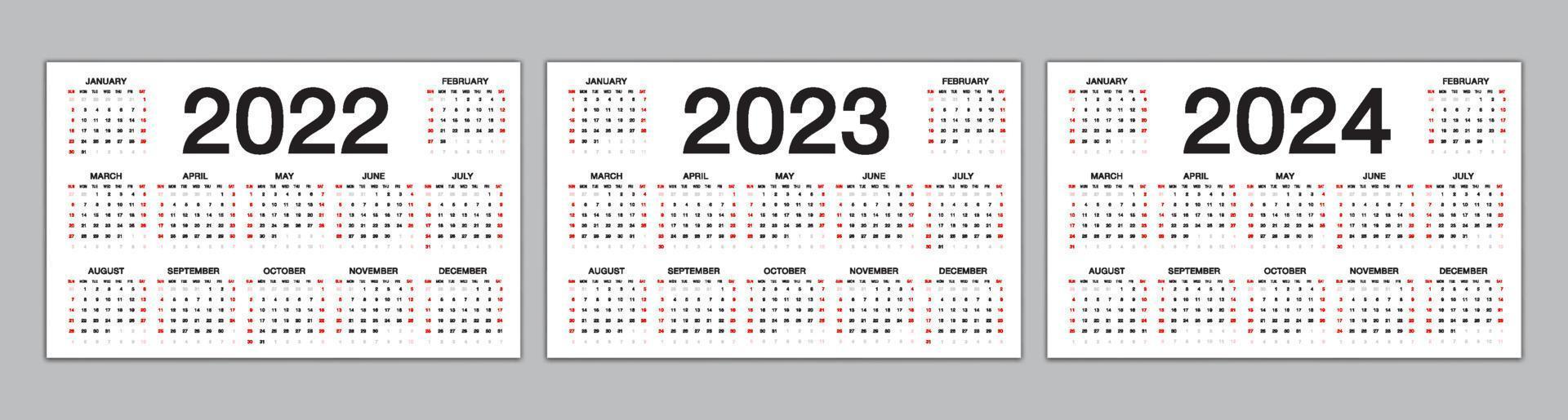 kalender 2022, 2023, 2024 jaarsjabloon, eenvoudige kalender, bureaukalenderontwerp, wandkalender, week begint vanaf zondag. set van 12 maanden, planner, poster, vector eps10