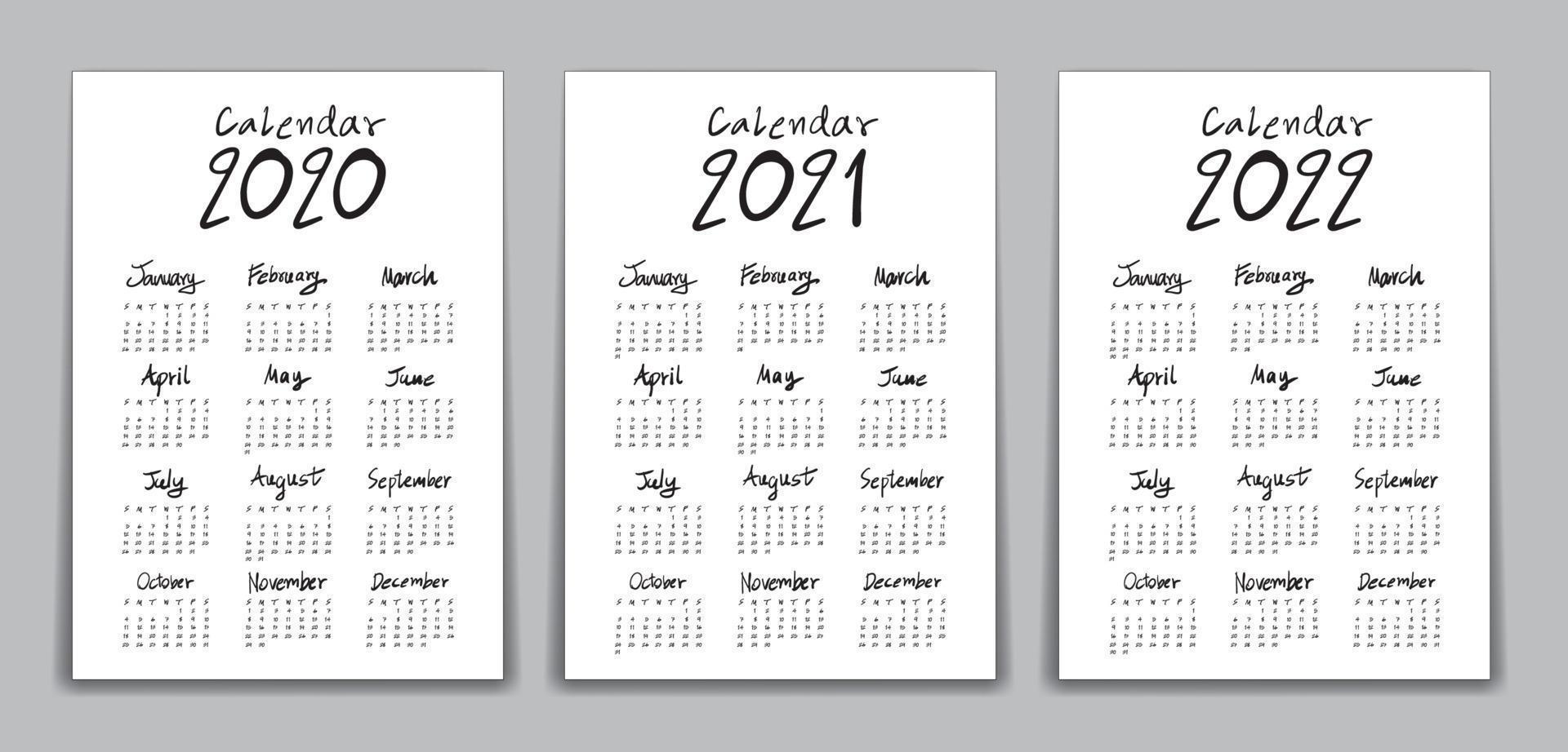 kalender 2020, 2021, 2022 jaar sjabloon vector, belettering kalender, hand getrokken belettering kalender vectorillustratie, eenvoudig, set van 12 maanden, week begint zondag, briefpapier, flyer, posterontwerp vector