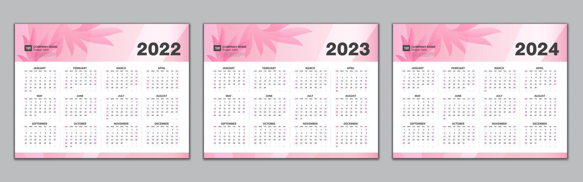 kalender 2022, 2023, 2024 jaarsjabloon, eenvoudige kalender, bureaukalenderontwerp, wandkalenderweek begint vanaf zondag. set van 12 maanden, planner, poster, vector eps10, rode abstracte achtergrond