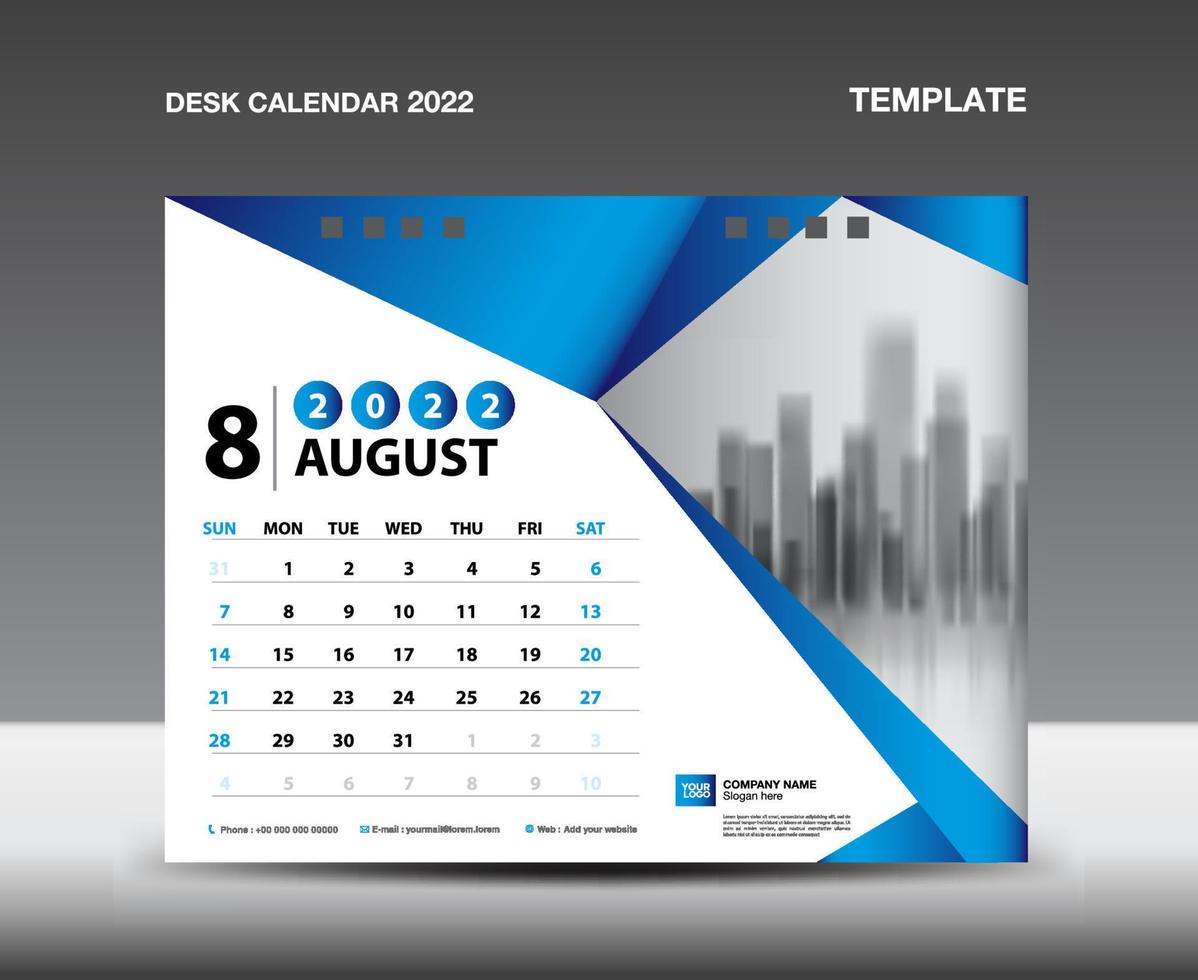 bureaukalender 2022 sjabloon vector, augustus 2022 jaar vector