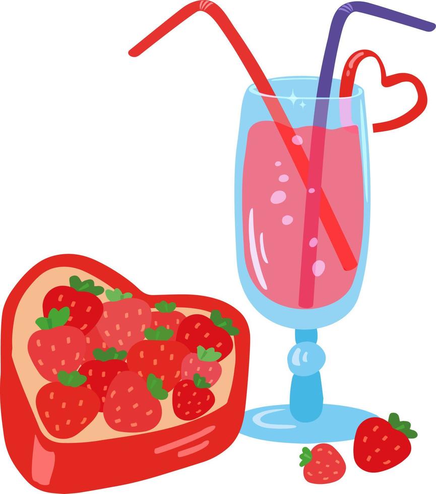 doos aardbeien en een cocktail met twee tubes. hand getekende vectorillustratie. geschikt voor website, stickers, wenskaarten, datingtoepassingen. vector