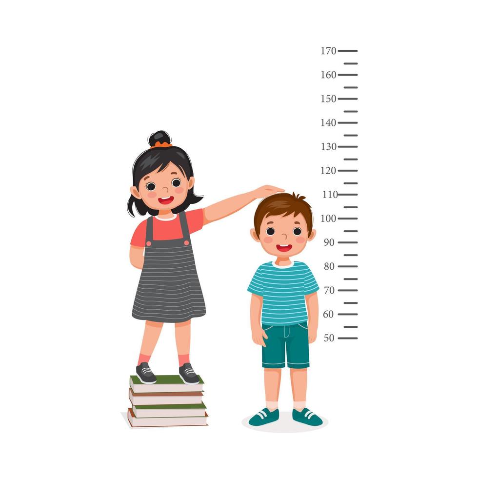schattig klein meisje dat op een stapel boeken staat en de hoogte van de groei van de kleine jongen meet met een meetliniaal op de achtergrond van de muur vector