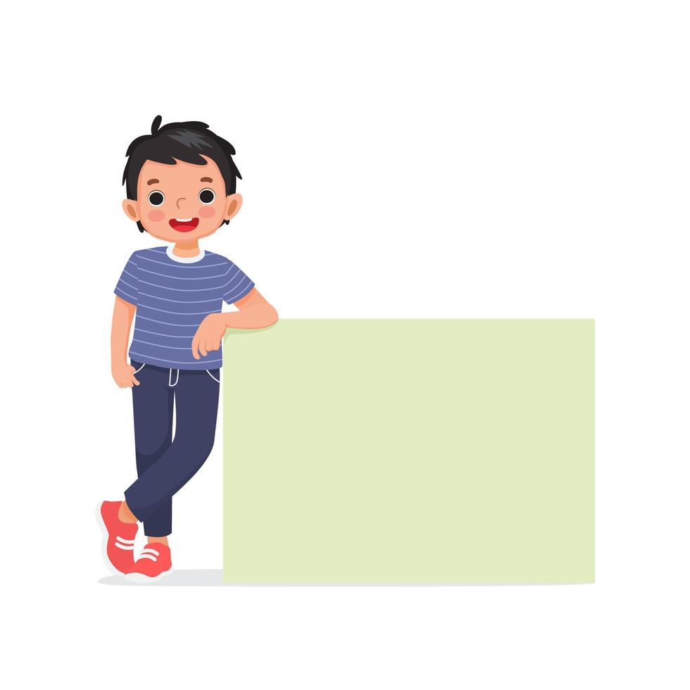schattige kleine jongen leunend op lege poster of bord met hand in de zak met lachende uitdrukking vector