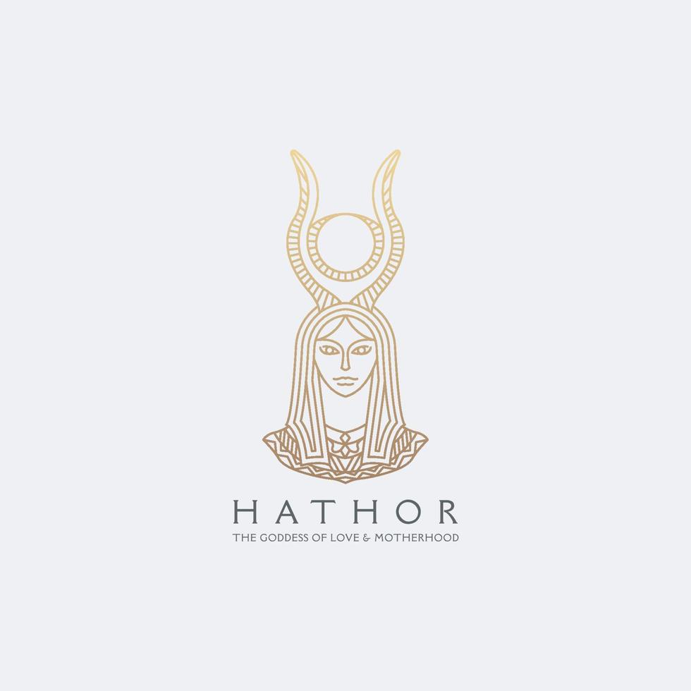 Hathor Egyptische godin met lijn stijl logo pictogram ontwerpsjabloon. elegante, luxe gouden vrouw in platte moderne mono-line stijl, vectorillustratie vector