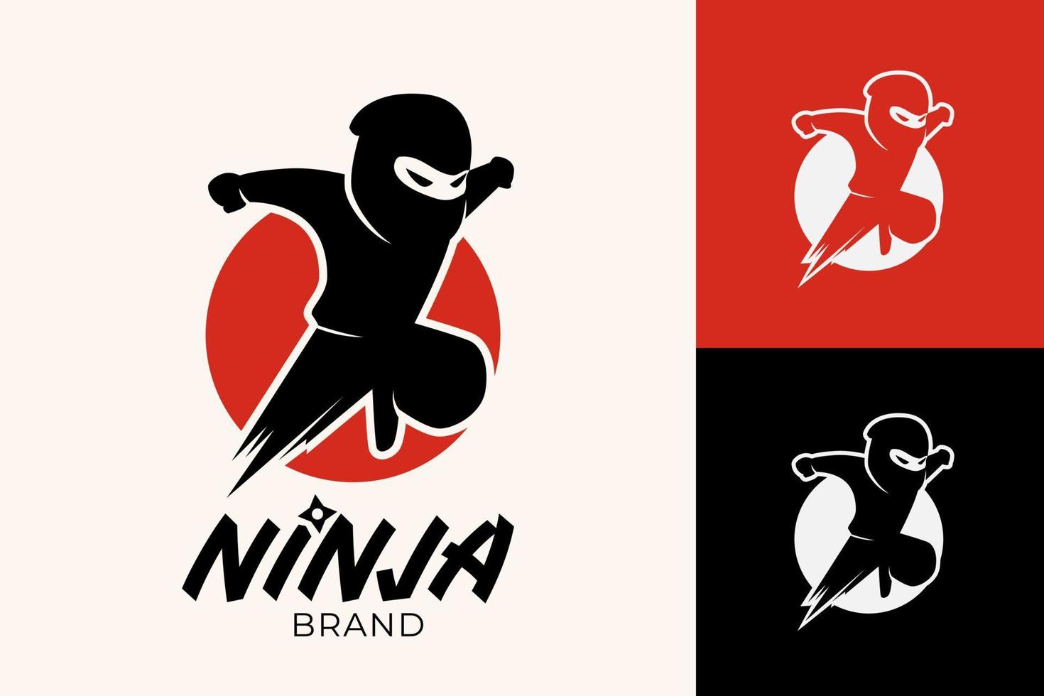 Ninja logo sjabloon met illustratie van springende ninja cartoon mascotte vector