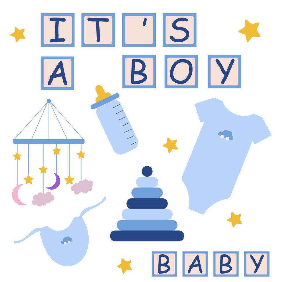 set van vectorillustraties het is een babyjongen. illustraties in zachte blauwe tinten. vector