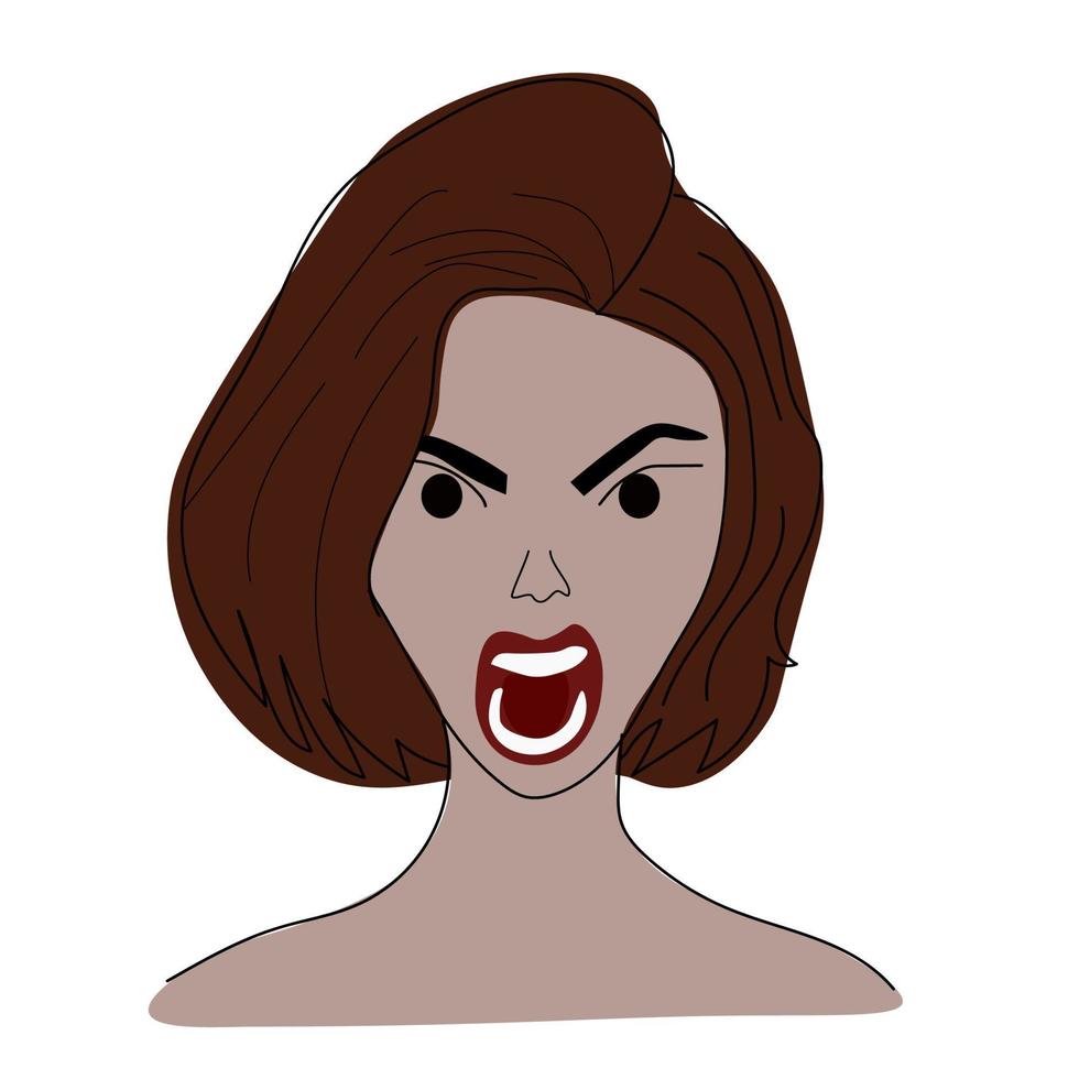 doodle illustratie brunette meisje gezicht boos vector