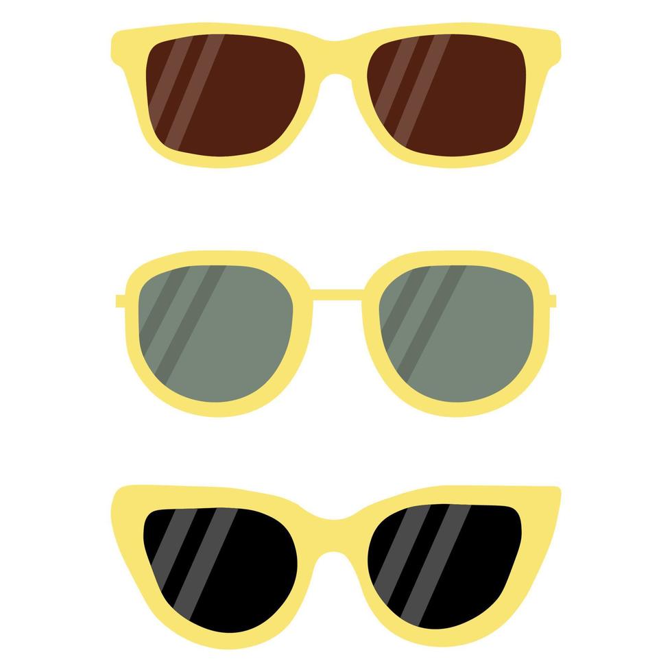 een set zonnebrillen met geel montuur met zwarte en donkere lenzen. vectorillustratie in vlakke stijl vector