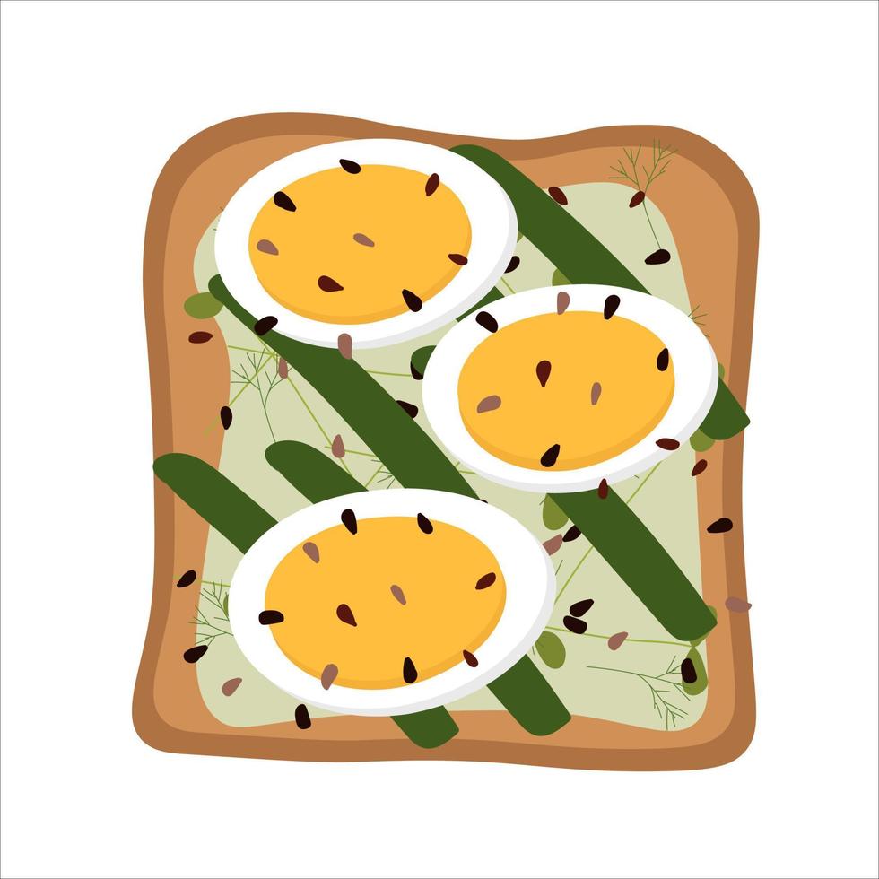 toast met gekookt ei, asperges bestrooid met sesamzaadjes voor het ontbijt. vector plat
