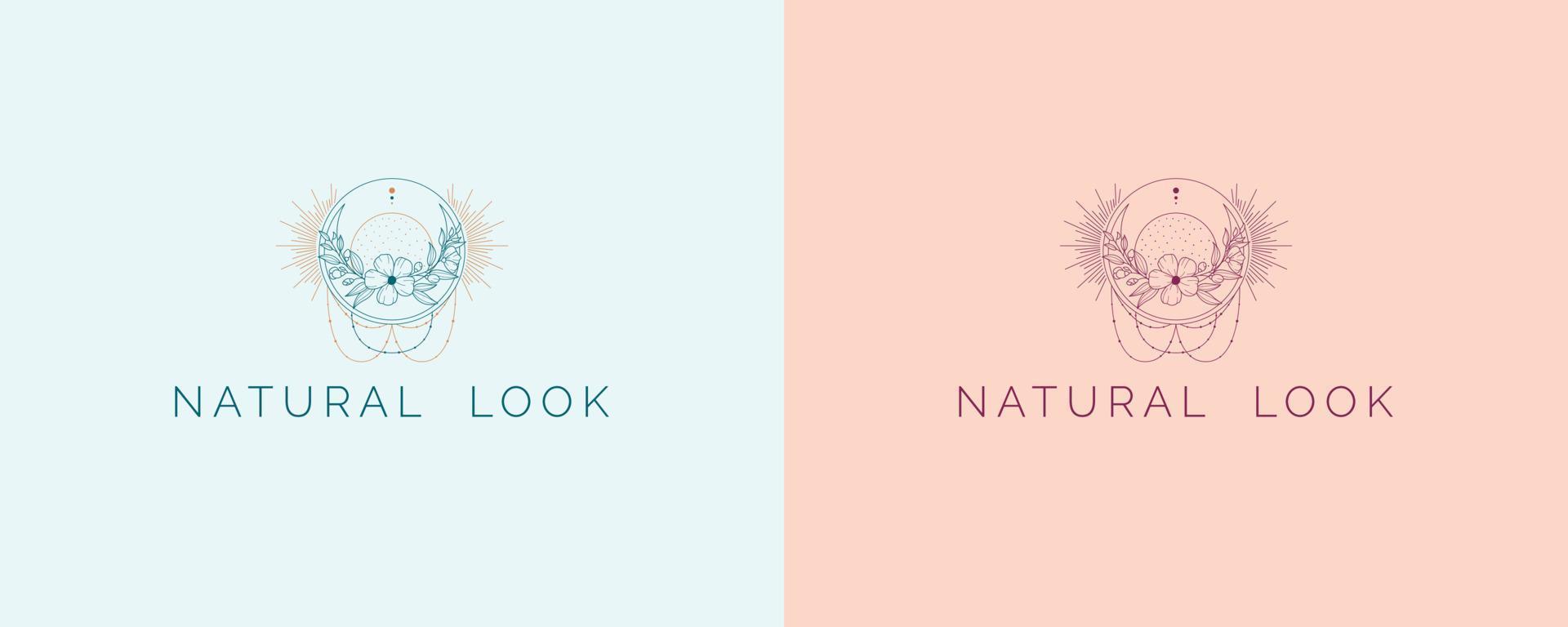 natuur logo. bloemen logo. bloem en maan icoon. bloemen embleem. cosmetica, spa, schoonheidssalon, decoratie, boutique-logo. kruiden, blad, natuur icoon. nl-monogram. natuurlijk logo-ontwerp. vector