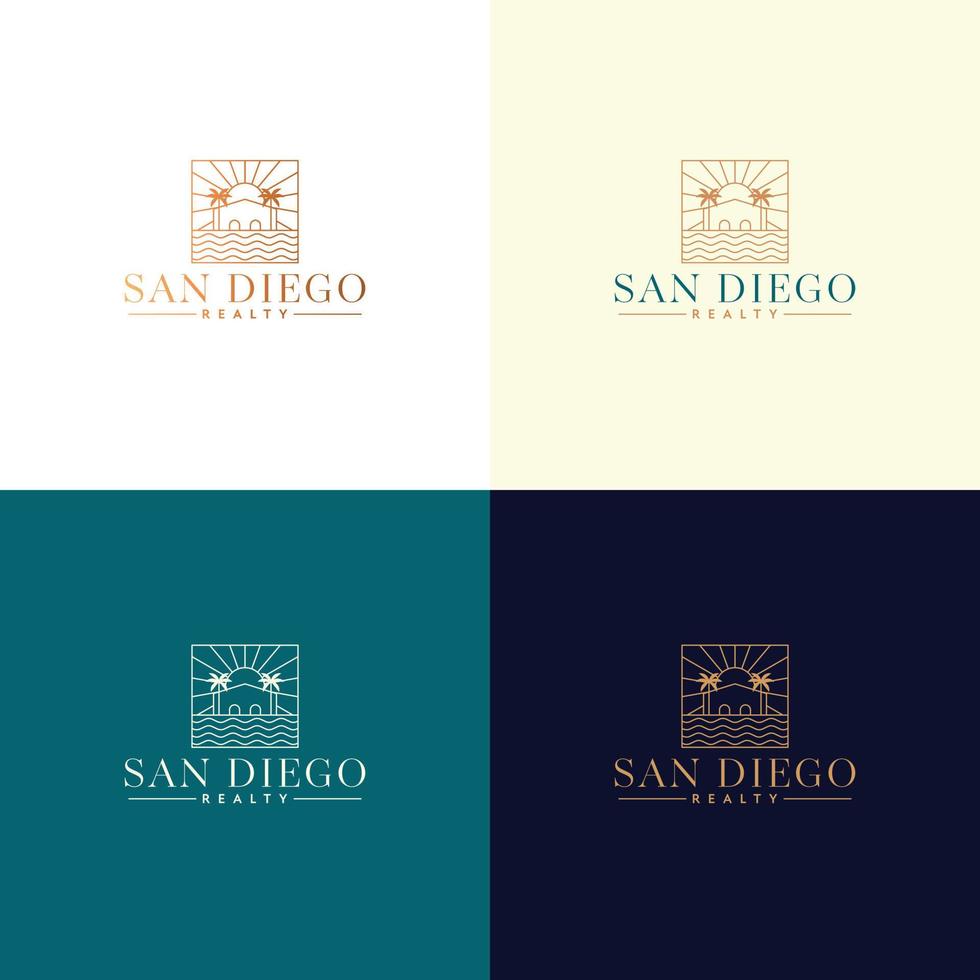 vector logo sjabloon met villa en palmbomen - abstracte zomer en vakantie icoon en embleem voor vakantieverhuur, reisdiensten, tropische spa's en schoonheidsstudio. San Diego Realty-logo-ontwerp