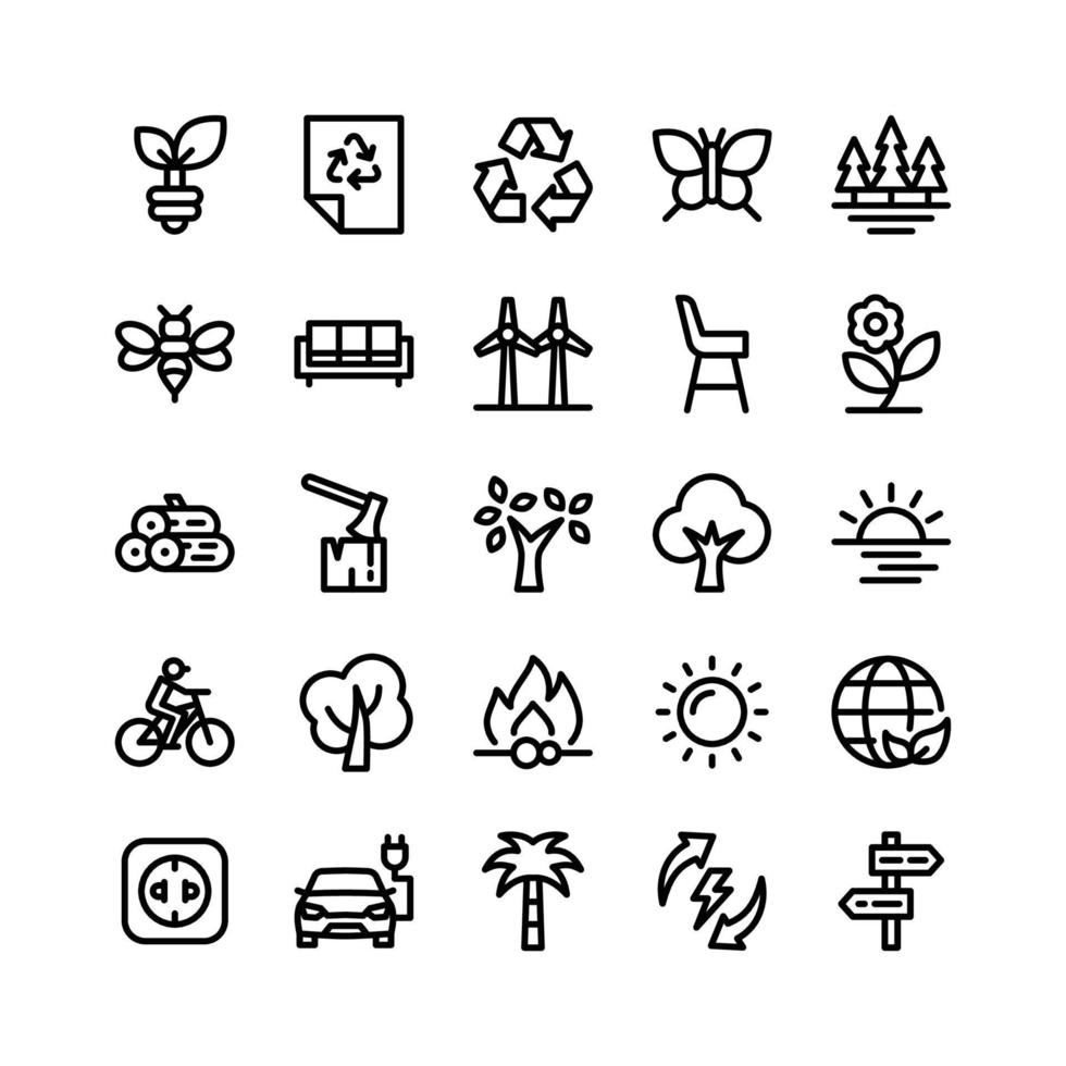ecologie lijn iconen inclusief plant, papier, recycle, vlinder, bos, bij, stoelen, windmolen, stoel, bloem, hout, bijl, boom, boom, zonsondergang, fiets, boom, vuur, zon, aarde, stopcontact, auto, palm, enz vector