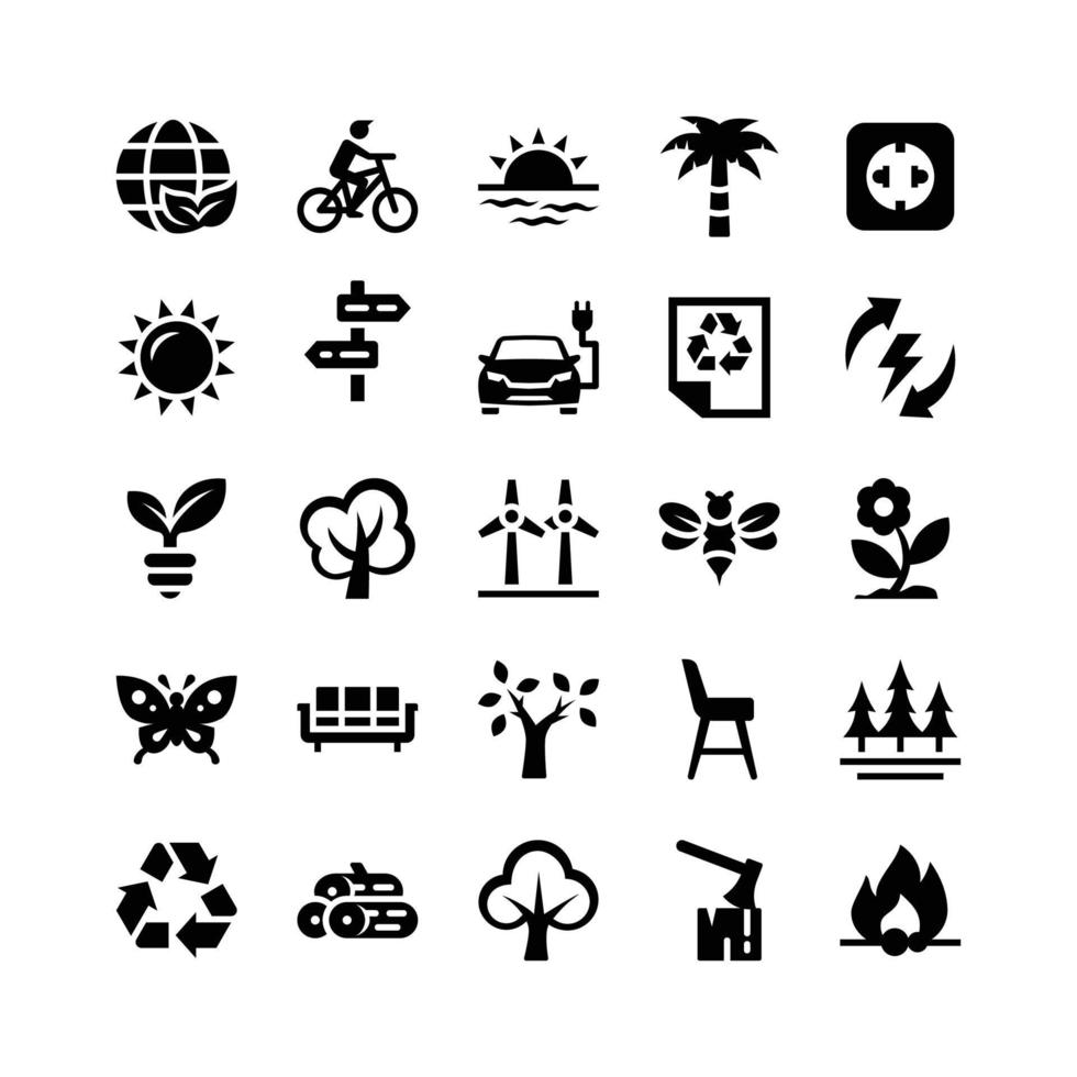 ecologie glyph-pictogrammen, waaronder aarde, fiets, zonsondergang, palm, stopcontact, zon, teken, auto, papier, stroom, plant, boom, windmolen, bij, bloem, vlinder, stoelen, boom, stoel, bos, recyclen, hout, boom, bijl, enz vector