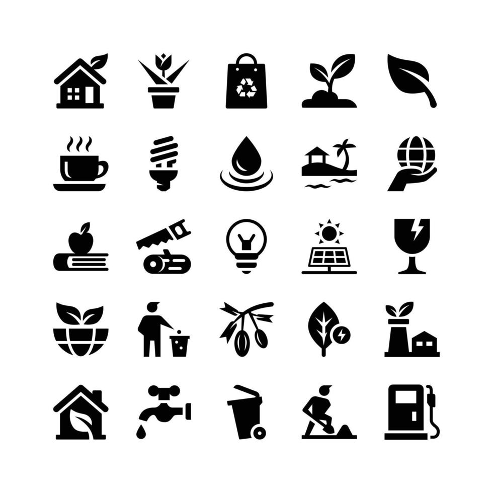 ecologie glyph iconen inclusief huis, bloem, zak, zaad, blad, beker, lamp, druppeltjes, strand, hand, boek, hout en zaag, lamp, zonne-energie, glas, bladeren, man, fruit, blad, fabriek, thuis, tik , vuilnisbak, enz. vector