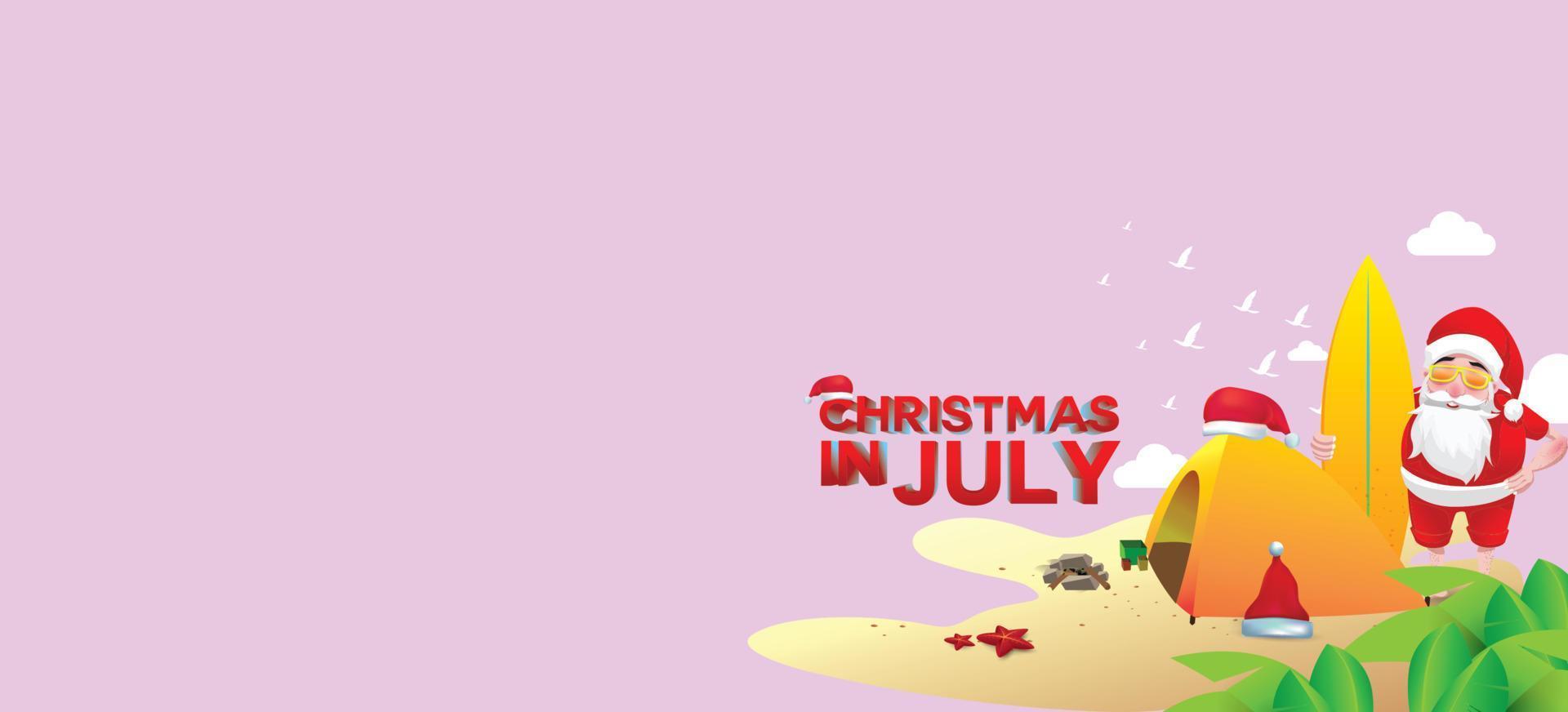 Kerstmis in juni, juli, augustus, voor poster, marketing, reclame, zomerverkoop, wenskaart. kerstman in de zomer met kopieerruimte voor tekst vector