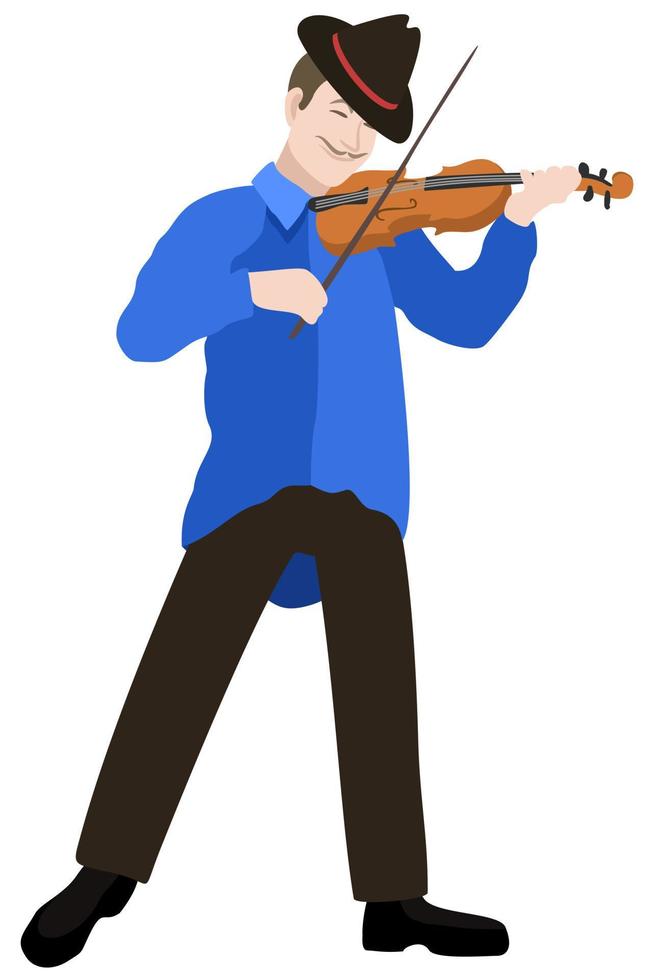 vectorillustratie van violist in fedora hoed, blauw shirt en donkere broek met viool. geïsoleerd op een witte achtergrond. vector