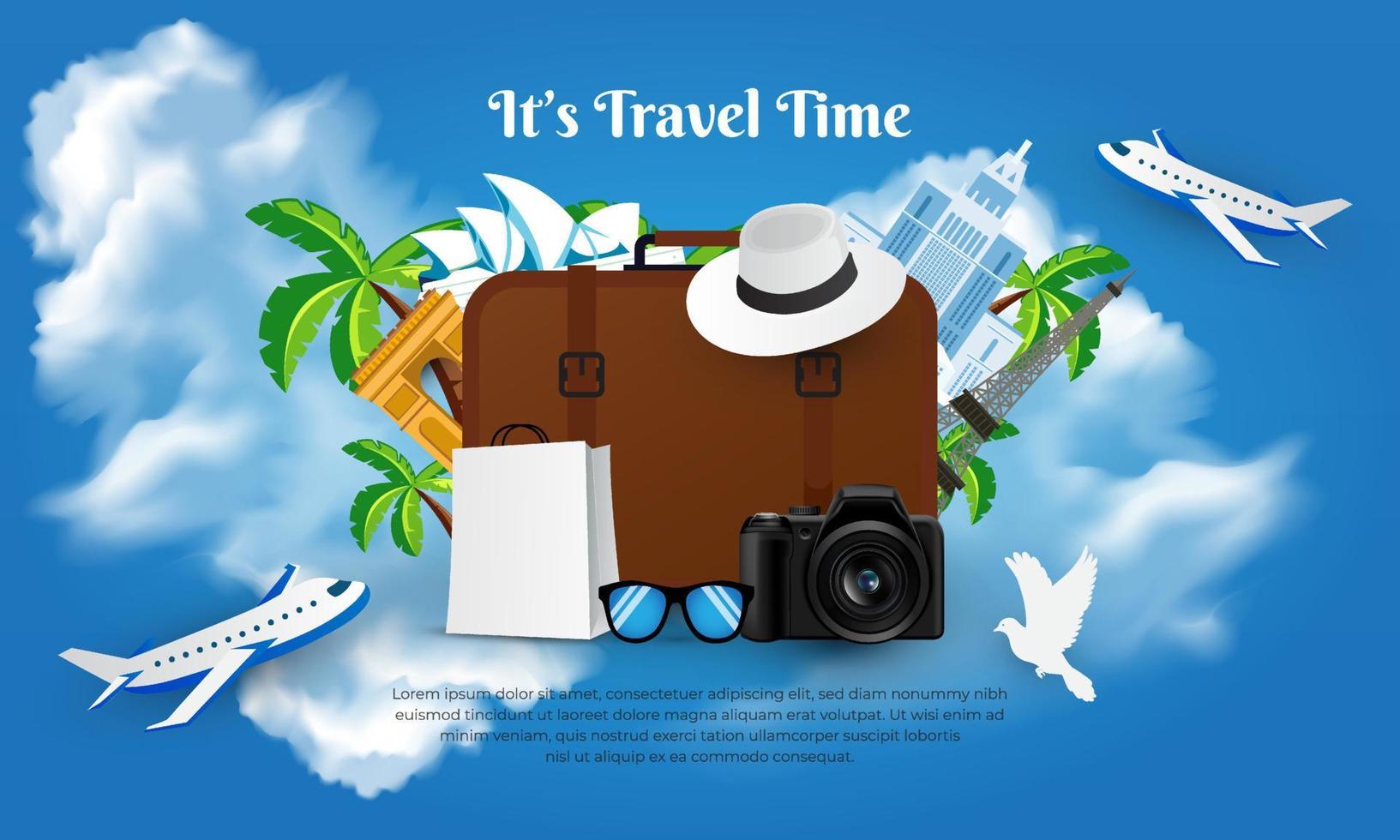 het is reistijdontwerp met blauwe lucht, vliegtuig, hoed en bagage vectorillustratie. wereld toerisme dag achtergrond vector