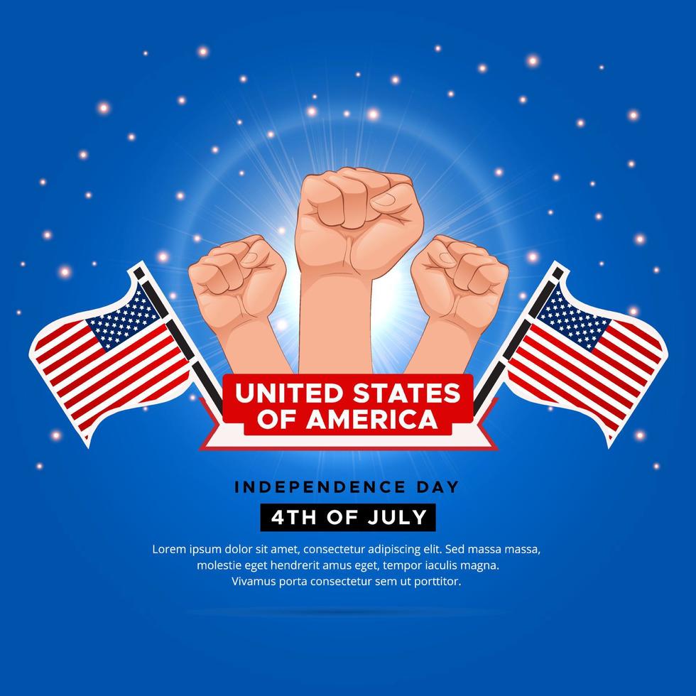 glanzende Amerikaanse onafhankelijkheidsdag ontwerp achtergrond met vlag en hand met vlag vector. vector