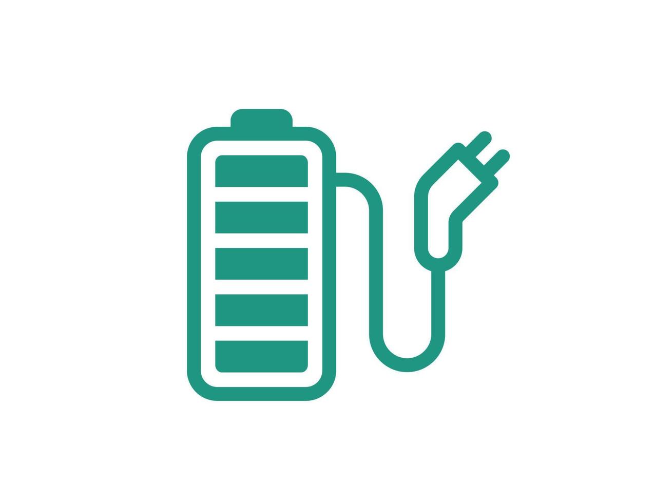 oplaadbare batterij met snoer en elektrisch oplaadconnector lineair pictogram. acculader stekker symbool. elektriciteitsapparatuur powerbank lading teken. volledig opgeladen elektro-element. vector eps