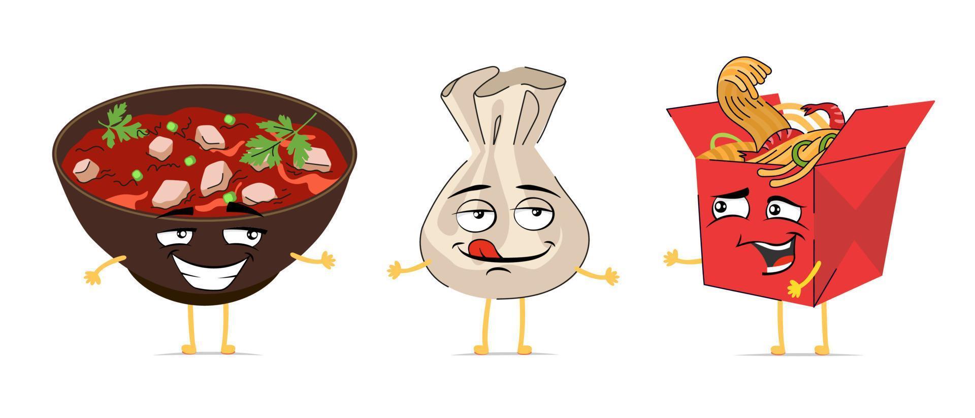 Chinees eten grappige cartoon tekenset. china keuken schattig gezicht expressie mascotte collectie. Aziatische vrolijke mapo tofu-kom. lachende komische dim sum. vrolijke wok noodle box. vector emoticons illustratie