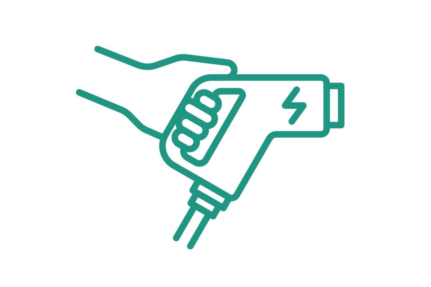 hand met elektrische oplader connector lineaire pictogram. elektrisch vervoer energie opladen stekker symbool. milieuvriendelijk elektrisch voertuiglaadbord. vector batterij aangedreven ev transportstation logo