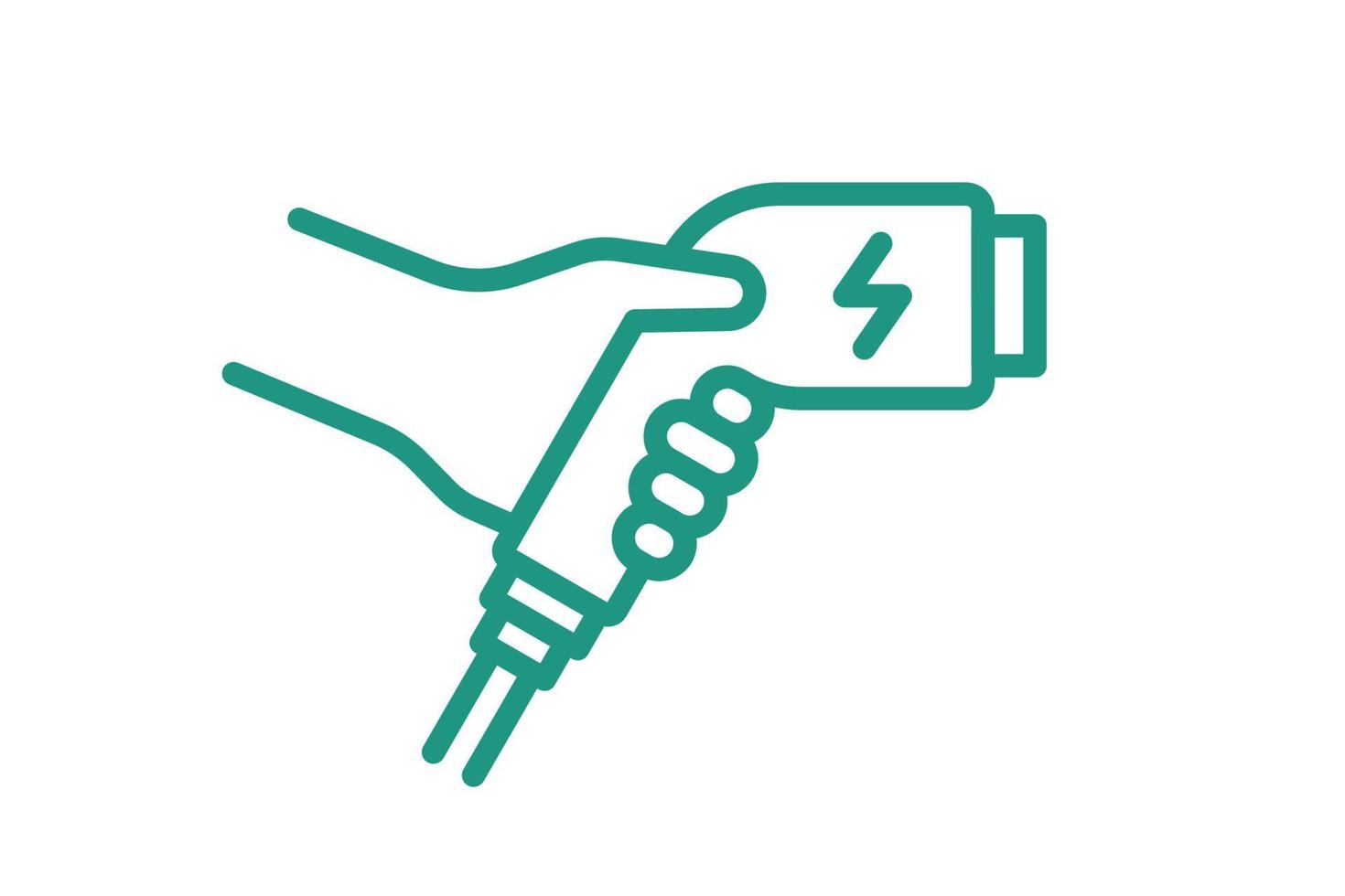 hand met elektrische oplader connector lineaire pictogram. elektrisch vervoer oplaadstekker symbool. milieuvriendelijk elektrisch voertuiglaadbord. vector batterij aangedreven ev transport station eps logo