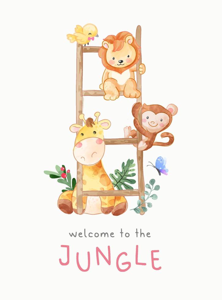 jungle-slogan met schattig dier dat op ladder hangt illustratie vector