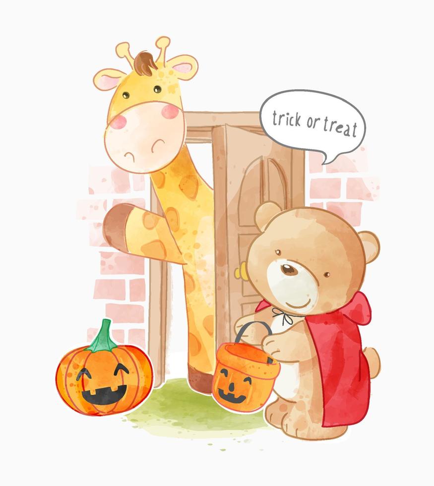 trick or treat-dieren bij de deur in Halloween-kostuumillustratie vector