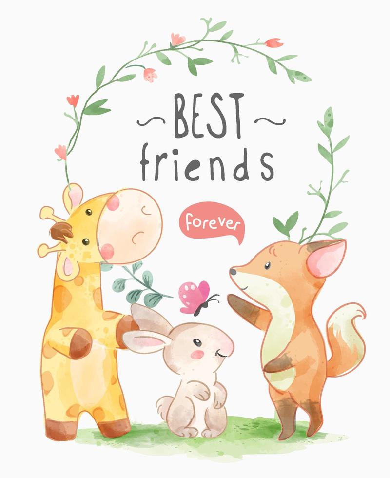 beste vrienden slogan met schattige dieren en blad cirkel frame illustratie vector