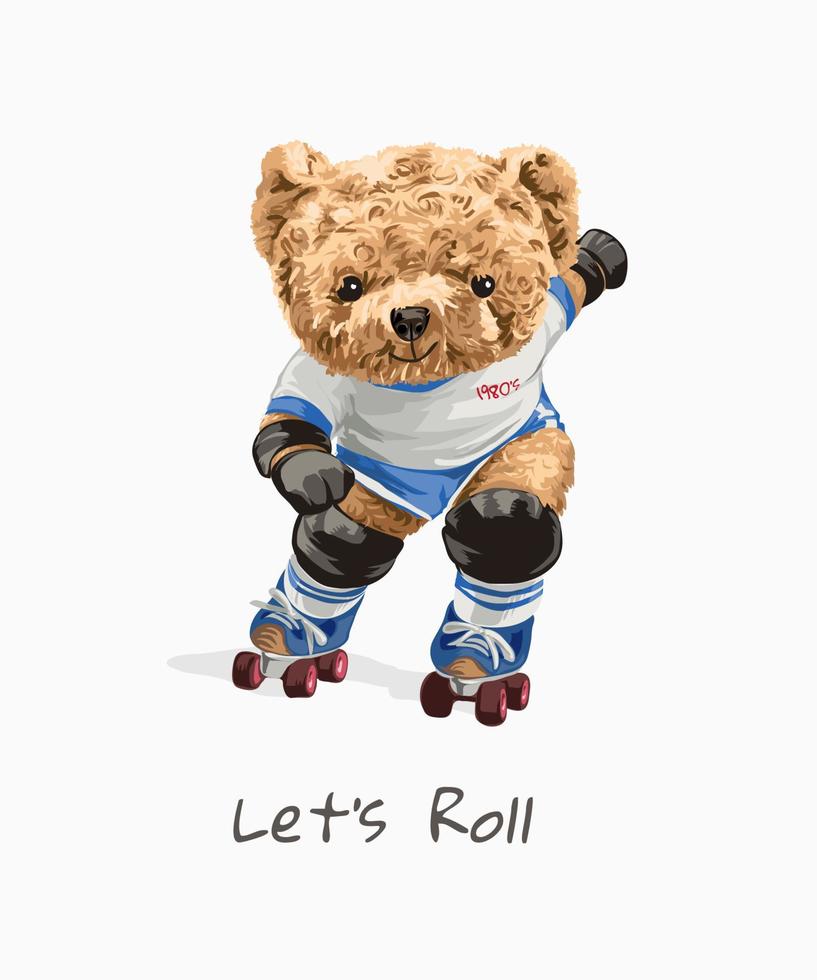 teddybeer in vintage rolschaatsstijlillustratie vector