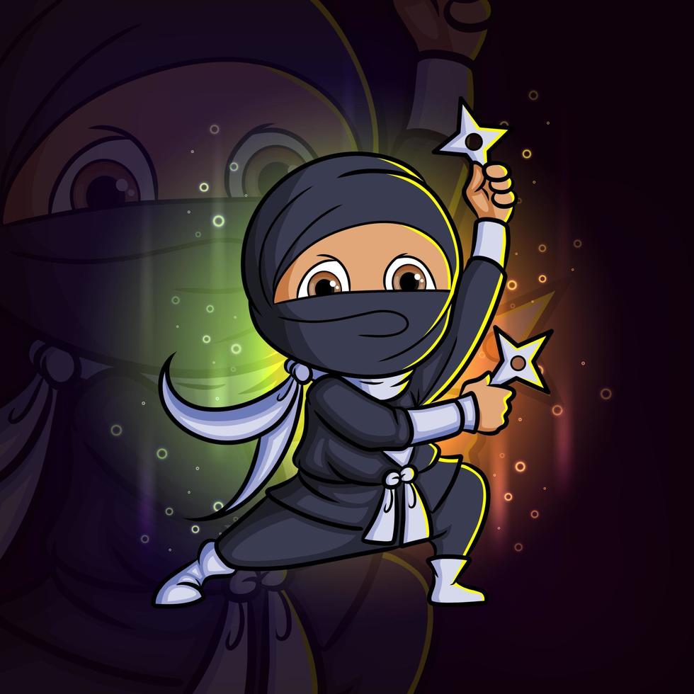 de ninja valt aan met het shuriken esport-mascotteontwerplogo vector